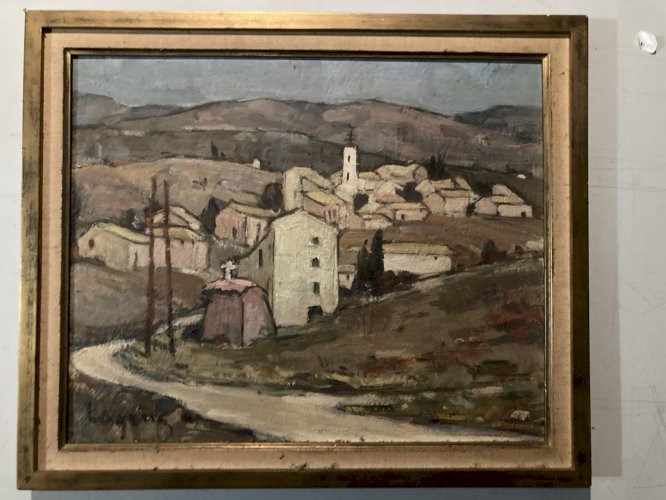 Painting peinture huile panneau Bois Paysage Village Espagne? 1950 A Identifier