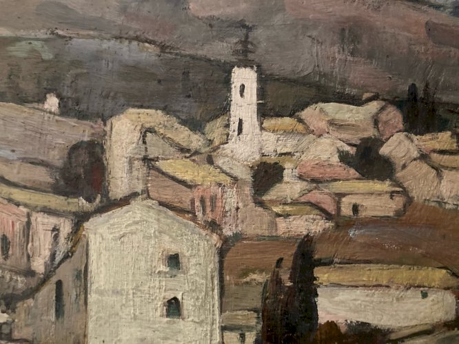 Painting peinture huile panneau Bois Paysage Village Espagne? 1950 A Identifier