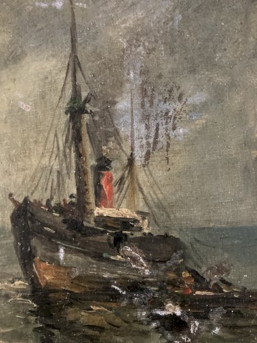 Painting Peinture Huile Panneau Carton Hsp Debut XXe 1901 Mer Bateau Océan Art