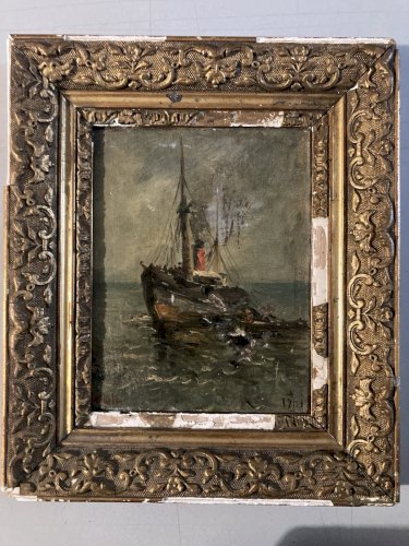 Painting Peinture Huile Panneau Carton Hsp Debut XXe 1901 Mer Bateau Océan Art