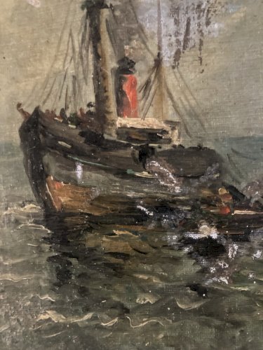 Painting Peinture Huile Panneau Carton Hsp Debut XXe 1901 Mer Bateau Océan Art