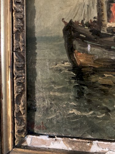 Painting Peinture Huile Panneau Carton Hsp Debut XXe 1901 Mer Bateau Océan Art