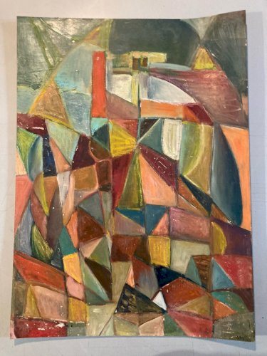 Painting Peinture Huile Papier Abstrait Abstraction 1980 Cubiste Cubisme Art