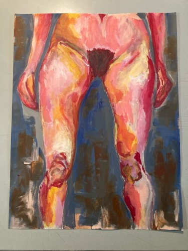 Painting Peinture  Huile Papier Femme 1980 portrait Jambe Expressionnisme Art