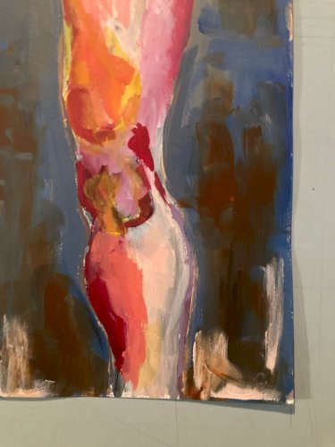 Painting Peinture  Huile Papier Femme 1980 portrait Jambe Expressionnisme Art