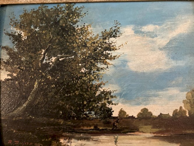 Painting Peinture Huile sur carton peche Pêcheur art Cadre Montparnasse 1900 Old