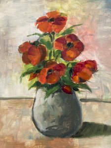 Painting Oil on Paper 1960 Poppy Flower Bouquet Antique Art Old