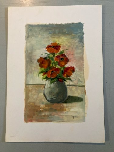 Painting Peinture Huile Sur Papier 1960 Coquelicot Fleur Bouquet Ancien Art Old