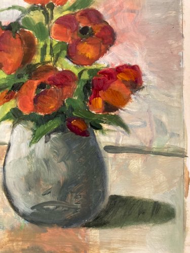 Painting Peinture Huile Sur Papier 1960 Coquelicot Fleur Bouquet Ancien Art Old