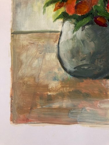 Painting Peinture Huile Sur Papier 1960 Coquelicot Fleur Bouquet Ancien Art Old