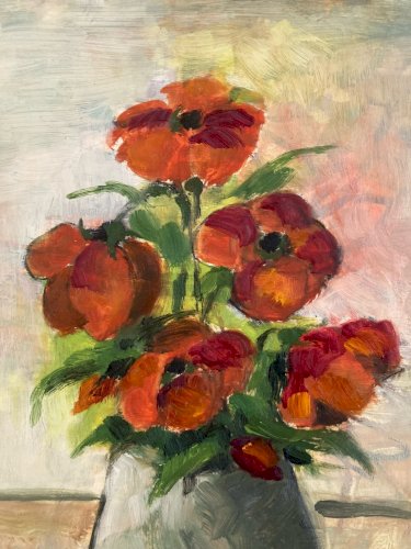 Painting Peinture Huile Sur Papier 1960 Coquelicot Fleur Bouquet Ancien Art Old