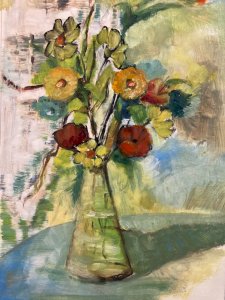 Painting Oil On Paper 1960 Expressionist Flower Bouquet Antique Art