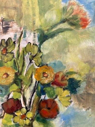 Painting Peinture Huile Sur Papier 1960 Expressioniste Fleur Bouquet Ancien Art