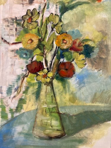 Painting Peinture Huile Sur Papier 1960 Expressioniste Fleur Bouquet Ancien Art