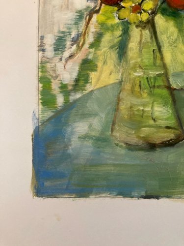Painting Peinture Huile Sur Papier 1960 Expressioniste Fleur Bouquet Ancien Art