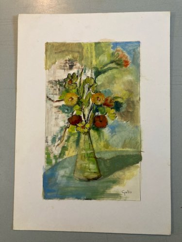Painting Peinture Huile Sur Papier 1960 Expressioniste Fleur Bouquet Ancien Art