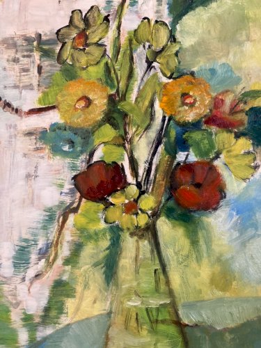 Painting Peinture Huile Sur Papier 1960 Expressioniste Fleur Bouquet Ancien Art