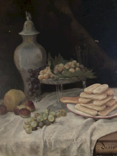 Painting Peinture Huile Sur Toile XIXe Delvigne Nature Morte Au Boudoir Raisin