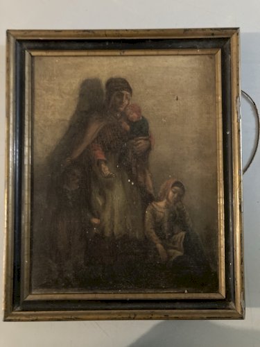 Painting Peinture Huile Sur Toile XIXe École Du Nord Femme Enfant Ancien Art Old