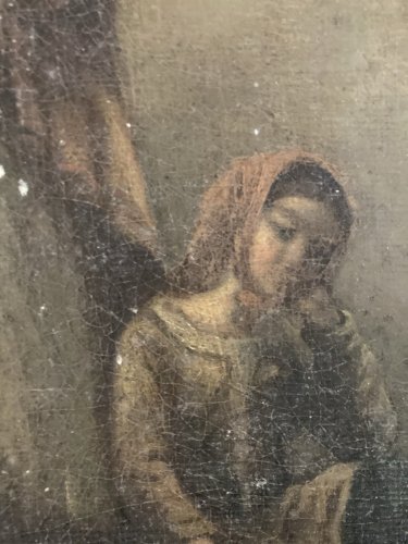 Painting Peinture Huile Sur Toile XIXe École Du Nord Femme Enfant Ancien Art Old