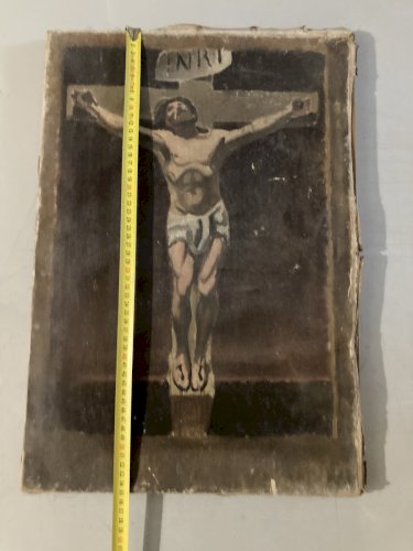 Painting Peinture Huile Sur Toile XIXe Jesus Christ Crucifixion Religion Art Old