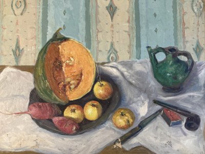 Painting Oil Canvas 1960 still life pear fruit Melon Apple Pipe