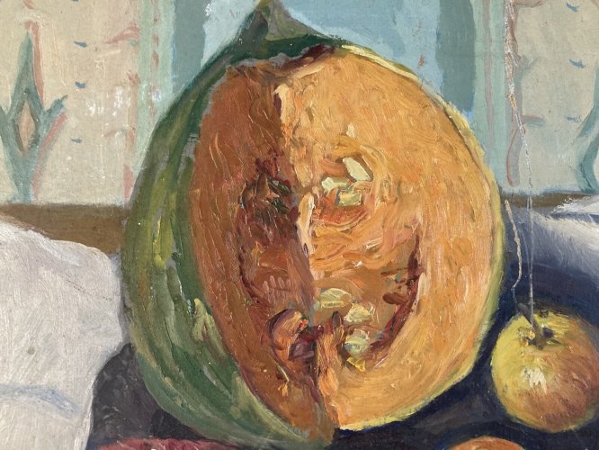 Painting Peinture Huile Toile 1960 nature morte poire fruit Melon Pomme Pipe