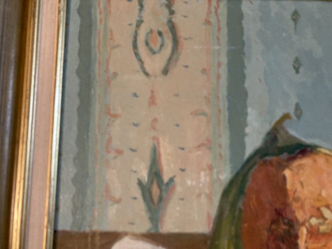 Painting Peinture Huile Toile 1960 nature morte poire fruit Melon Pomme Pipe