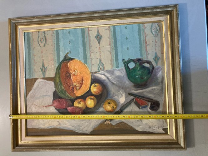 Painting Peinture Huile Toile 1960 nature morte poire fruit Melon Pomme Pipe
