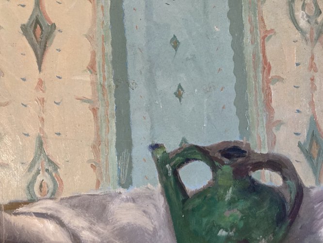 Painting Peinture Huile Toile 1960 nature morte poire fruit Melon Pomme Pipe