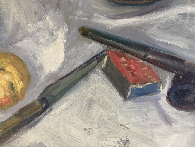 Painting Peinture Huile Toile 1960 nature morte poire fruit Melon Pomme Pipe