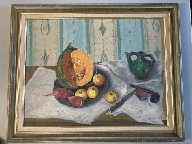 Painting Peinture Huile Toile 1960 nature morte poire fruit Melon Pomme Pipe