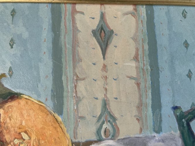 Painting Peinture Huile Toile 1960 nature morte poire fruit Melon Pomme Pipe