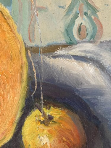 Painting Peinture Huile Toile 1960 nature morte poire fruit Melon Pomme Pipe