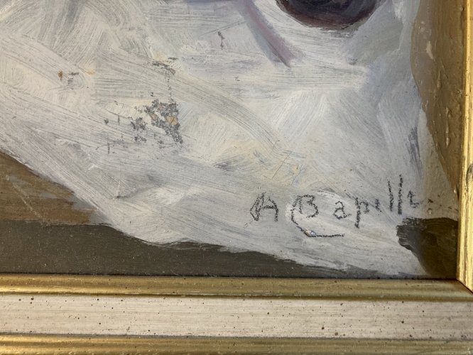 Painting Peinture Huile Toile 1960 nature morte poire fruit Melon Pomme Pipe