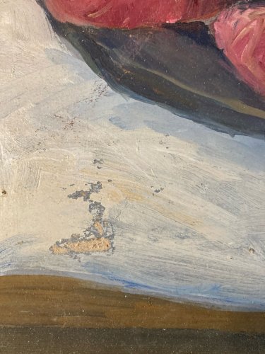 Painting Peinture Huile Toile 1960 nature morte poire fruit Melon Pomme Pipe