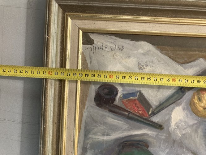 Painting Peinture Huile Toile 1960 nature morte poire fruit Melon Pomme Pipe