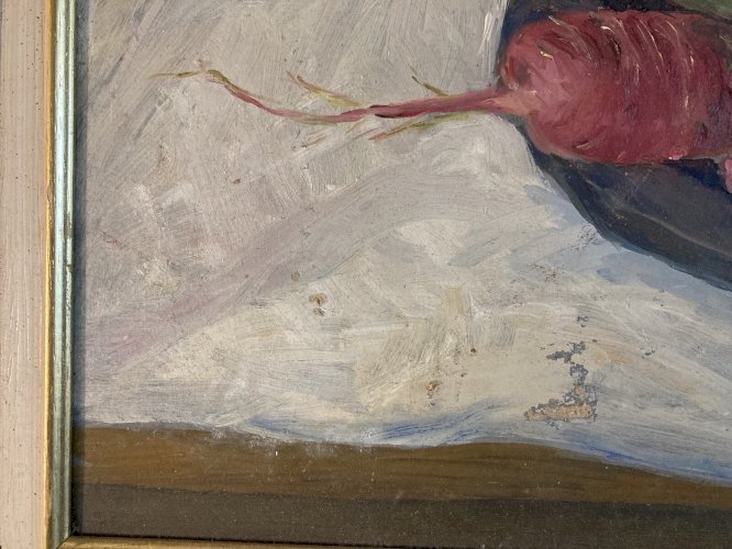 Painting Peinture Huile Toile 1960 nature morte poire fruit Melon Pomme Pipe