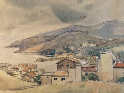 Painting Peinture Village Côte Basque ?Marine Bateau Mer Ancien 1950 Old Art XXe