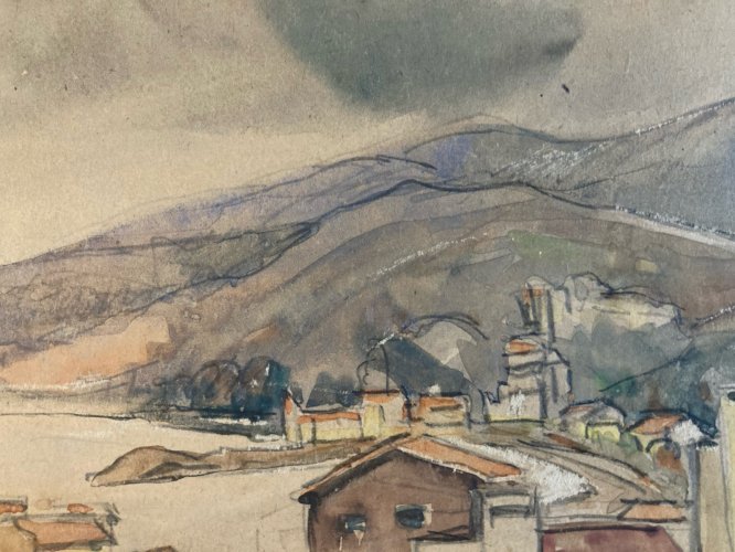 Painting Peinture Village Côte Basque ?Marine Bateau Mer Ancien 1950 Old Art XXe