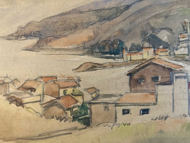 Painting Peinture Village Côte Basque ?Marine Bateau Mer Ancien 1950 Old Art XXe