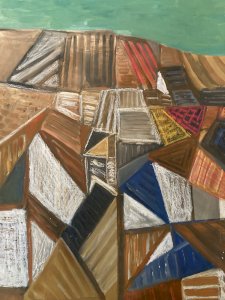 Painting XXe Art Peinture Papier Abstrait Abstraction Old 1980 Cubiste Cubisme