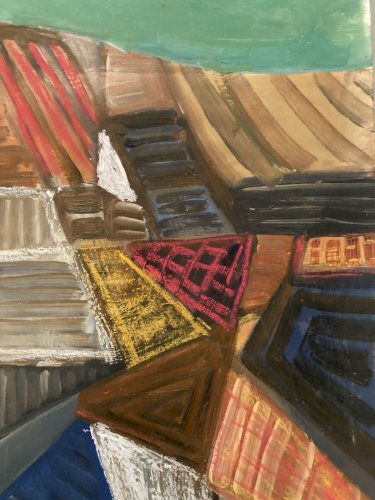 Painting XXe Art Peinture Papier Abstrait Abstraction Old 1980 Cubiste Cubisme