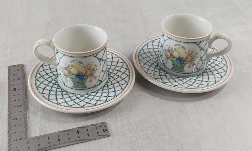 Paire 2 tasses + 2 sous tasses à café, décor Basket, céramique Villeroy & Boch
