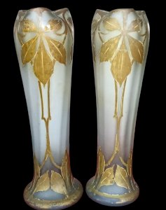 Paire Ancien Grand Vase Legras Belgrade Décor Feuilles Châtaignier Art Nouveau