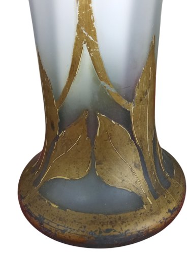 Paire Ancien Grand Vase Legras Belgrade Décor Feuilles Châtaignier Art Nouveau