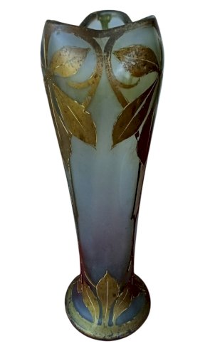 Paire Ancien Grand Vase Legras Belgrade Décor Feuilles Châtaignier Art Nouveau