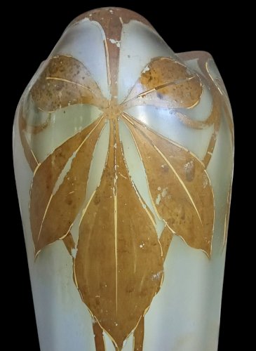 Paire Ancien Grand Vase Legras Belgrade Décor Feuilles Châtaignier Art Nouveau