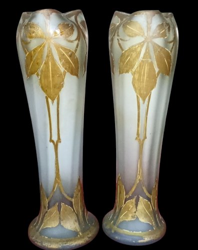 Paire Ancien Grand Vase Legras Belgrade Décor Feuilles Châtaignier Art Nouveau