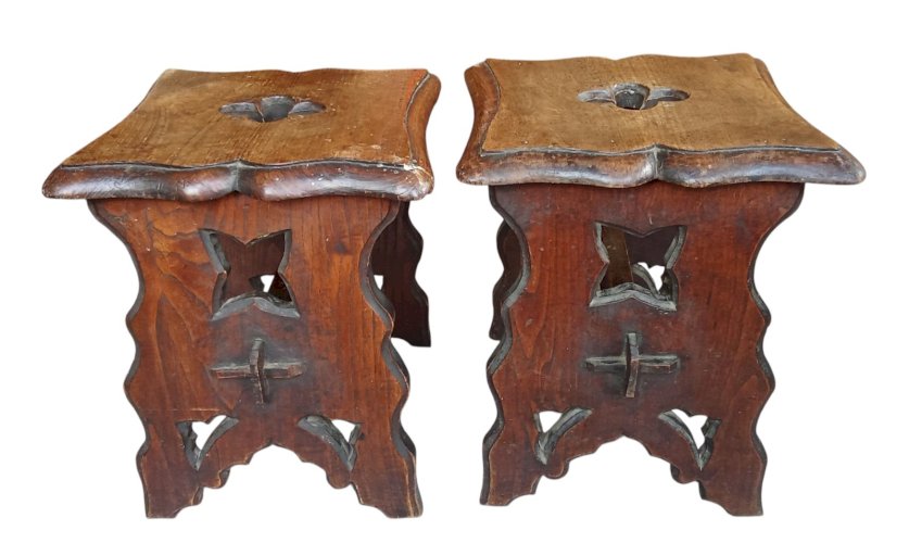 Paire Ancien Tabouret Bois Sculpté À La Main Rustique Old Wooden Stool 